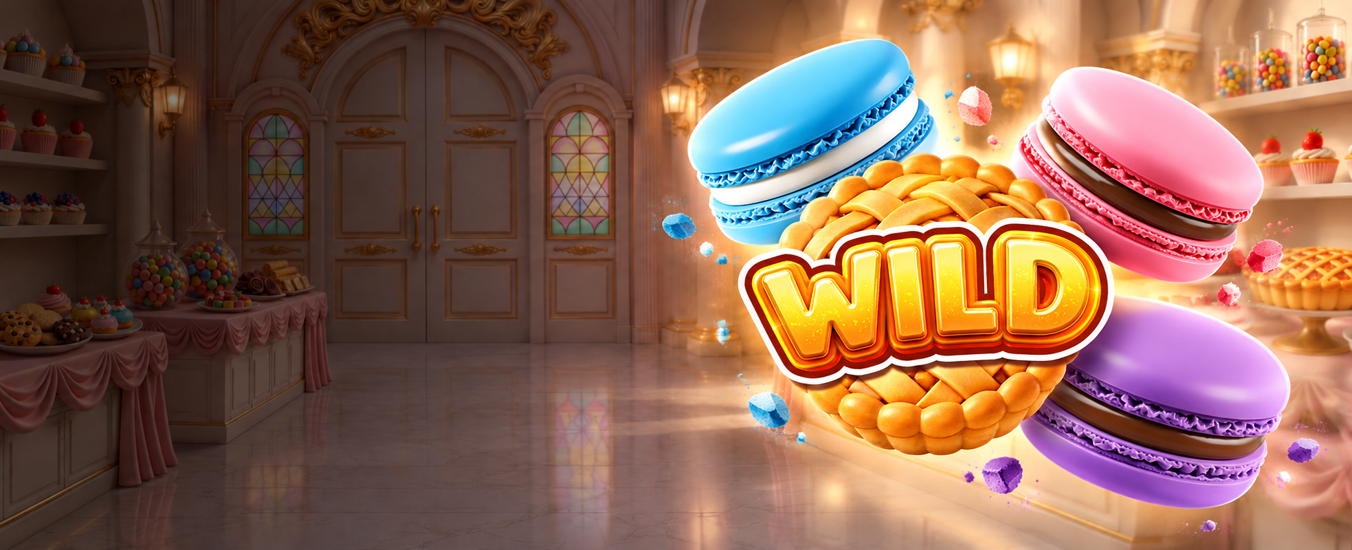 Frosting Frenzy hero with colourful macarons and golden Wild symbol